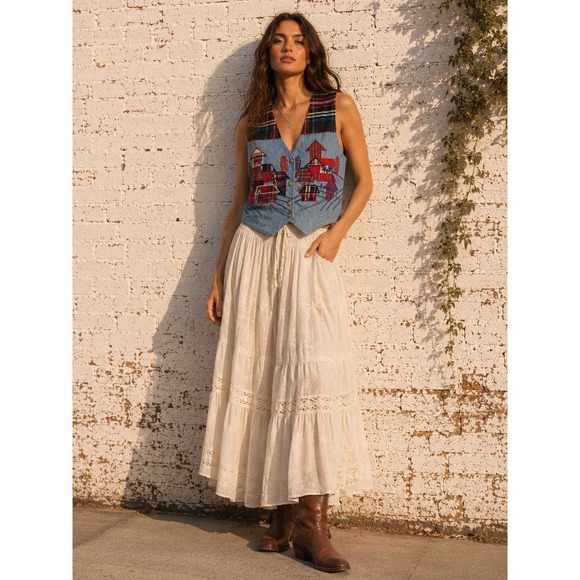 Casey & Max Jackets & Blazers - Vintage Patchwork Denim Vest Embroidered Folk Art Plaid Cottagecore M